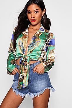Boohoo Rose Satin Lepel Scarf Print Tie Front