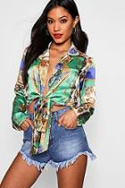 Boohoo Rose Satin Lepel Scarf Print Tie Front