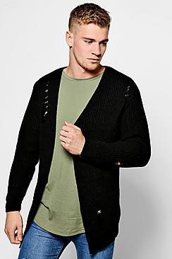 Boohoo Chunky Longline Cardigan With Distressing