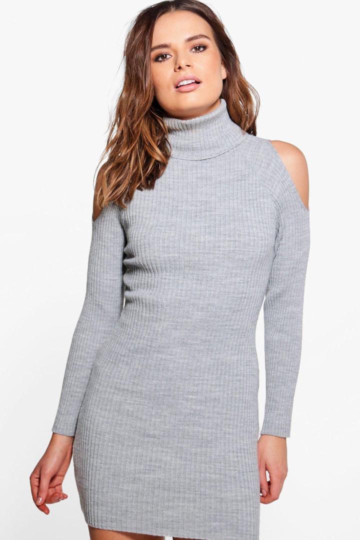 Boohoo Jasmine Roll Neck Cold Shoulder Rib Knit Dress Grey