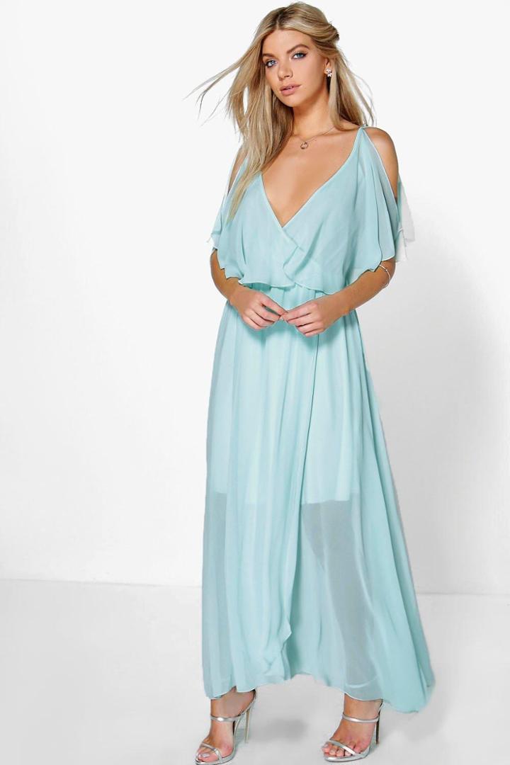 Boohoo Claudia Chiffon Double Layer Wrap Maxi Dress Aqua