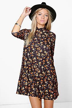 Boohoo Arabella Floral High Neck Swing Dress