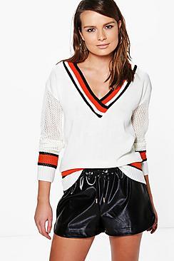 Boohoo Katie Sports Stripe V-neck Cricket Jumper