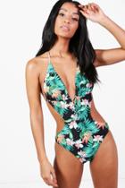 Boohoo Perth Tropical Flower Lace Up Cut Out Bathing Suit Black