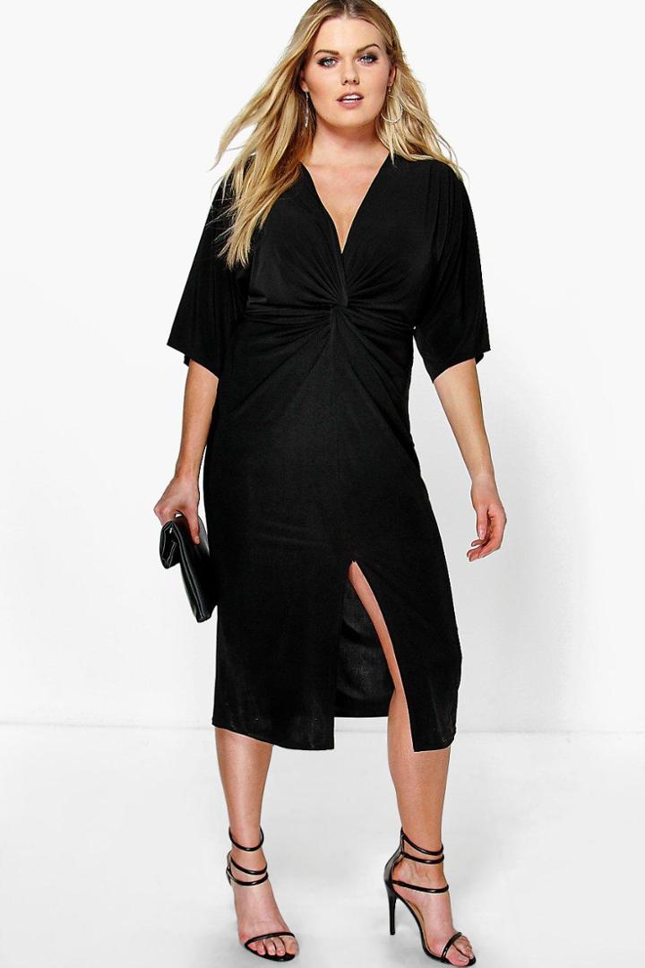 Boohoo Plus Esme Kimono Sleeve Wrap Front Midi Dress Black
