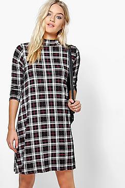 Boohoo Natasha Turtle Neck Checked Swing Dress