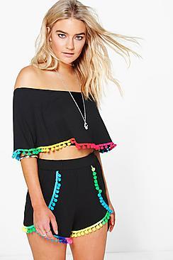 Boohoo Multi Colour Pom Pom Crop & Shorts Co-ord Set