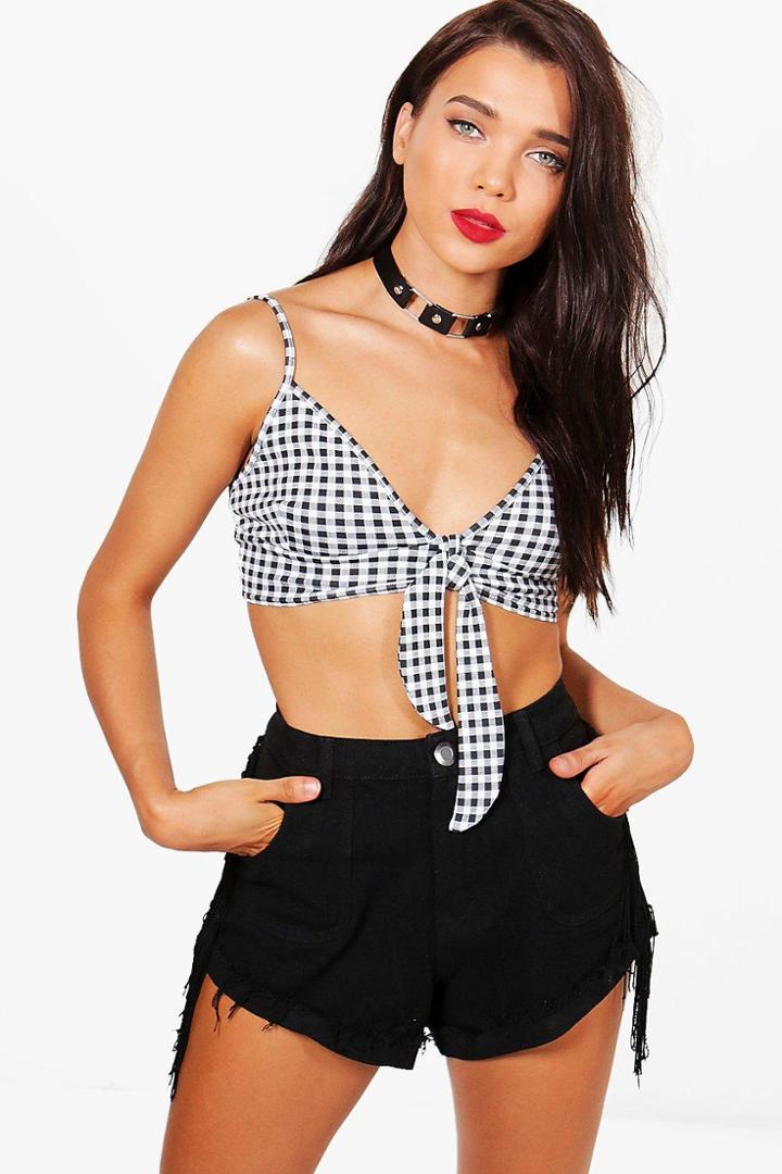 Boohoo Petite Alice Gingham Knot Front Crop Top Multi