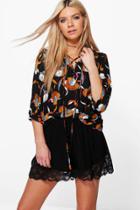 Boohoo Faye Floral Lace Up Blouse Black