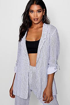 Boohoo Nikki Pinstripe Roll Sleeve Oversized Blazer