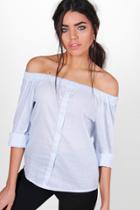 Boohoo Kaitlin Stripe Off The Shoulder Shirt Blue