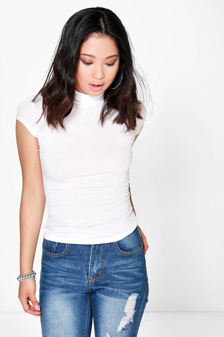 Boohoo Petite Abela Cap Sleeved Turtle Neck Basic Top Ivory