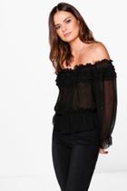 Boohoo Fraya Ruffle Bardot Chiffon Top Black