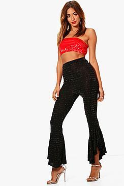 Boohoo Jess Metallic Stripe Asymetric Ruffle Hem Trouser