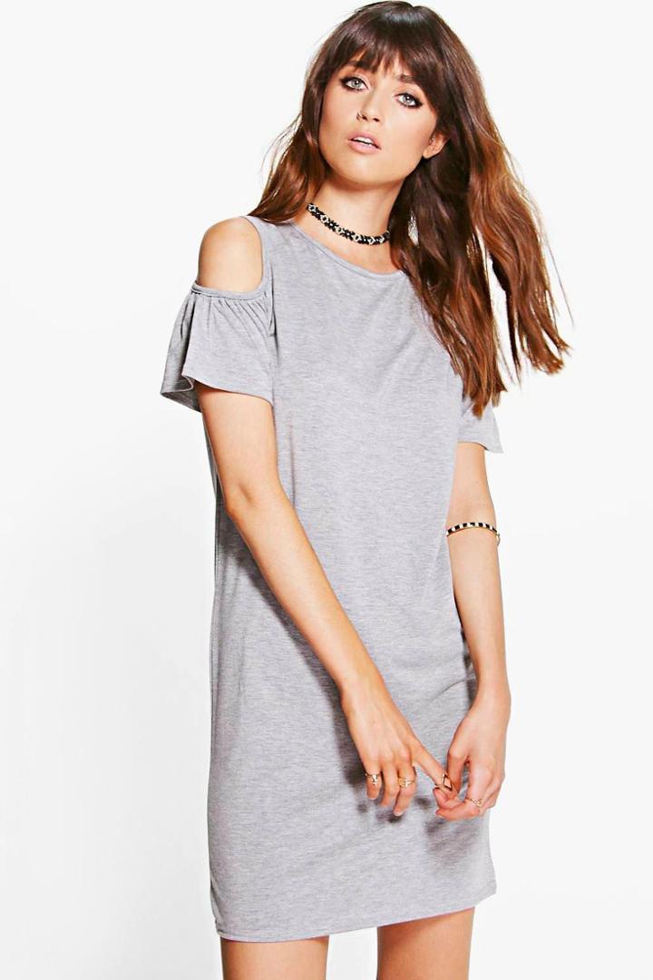 Boohoo Mia Ruffle Sleeve Cold Shoulder Dress Grey