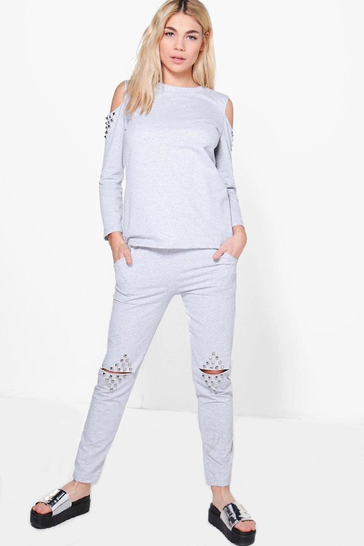 Boohoo Adaline Split Knee Stud Detail Sweat Joggers Grey