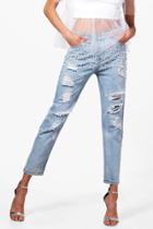 Boohoo Karina Pearl Embellished Mom Jeans Blue