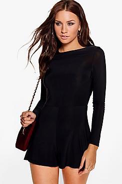 Boohoo Bella Cowl Back Long Sleeve Playsuit