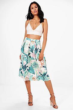 Boohoo Celeste Palm Floral Box Pleat Midi Skirt
