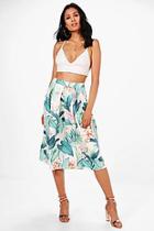 Boohoo Celeste Palm Floral Box Pleat Midi Skirt
