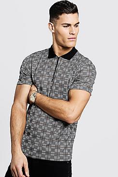 Boohoo Heritage Check Smart Jacquard Zip Polo