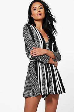 Boohoo Alison Spot And Stripe Wrap Front Playsuit