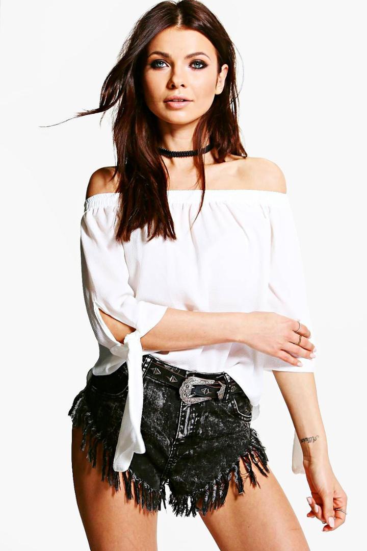 Boohoo Erin Woven Tie Sleeve Off The Shoulder Top White