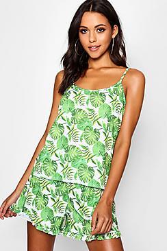 Boohoo Tall Rose Ruffle Hem Leaf Print Pj Short Set