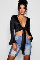 Boohoo Kelly Textured Satin Flare Sleeve Tie Front