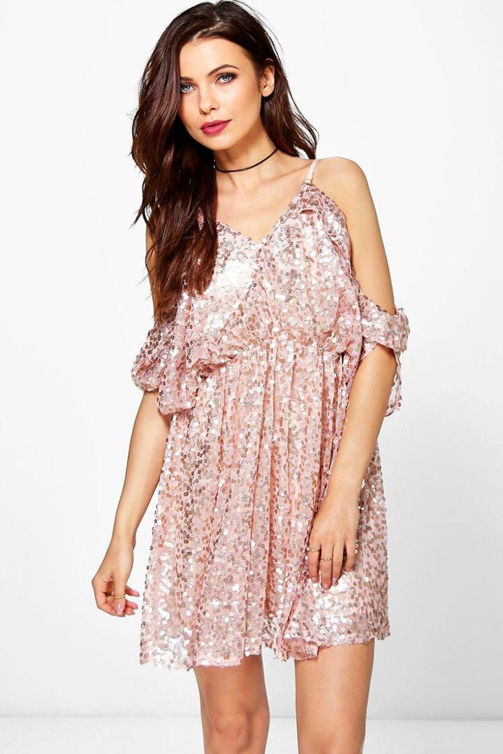 Boohoo Kitty Sequin Open Shoulder Skater Dress Blush