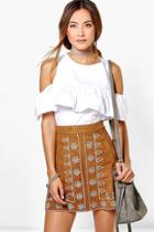 Boohoo Naia Embroidered Front A Line Suedette Mini Skirt Tan