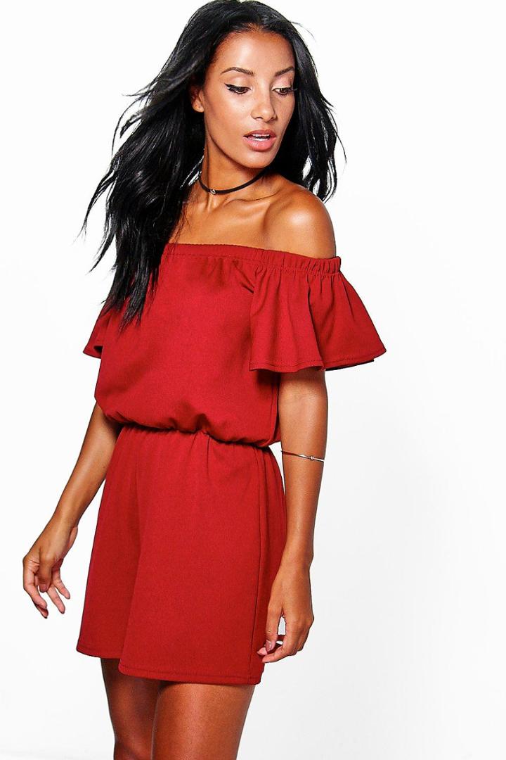 Boohoo Jen Off The Shoulder Flare Sleeve Playsuit Wine