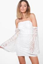 Boohoo Petite Melissa Flared Sleeve Off The Shoulder Dress Ivory