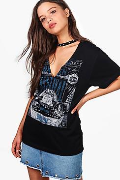Boohoo Ivy Oversized Embellished Choker Neck T-shirt