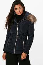 Boohoo Roxanne Quilted Belted Jacket With Faux Fur Trim