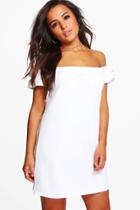 Boohoo Petite Lacey Off The Shoulder Tie Sleeve Shift Dress White