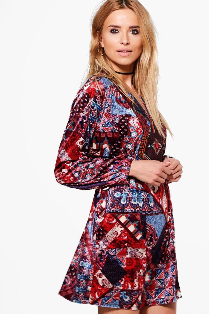 Boohoo Briella Aztec Skater Dress Wine
