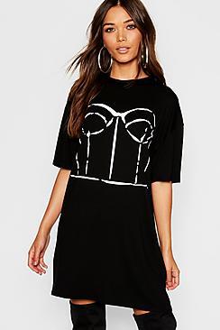 Boohoo Bodice Print Oversized T-shirt Dress