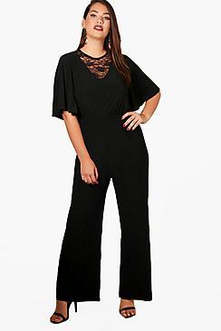 Boohoo Plus Milly Wide Leg V Neck Lace Jumpsuit