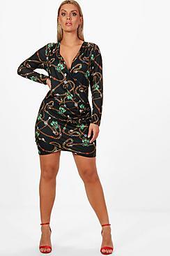 Boohoo Plus Tessa Chain Print Wrap Dress