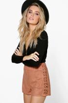 Boohoo Aria Lace Up Side Faux Suede Shorts Tan