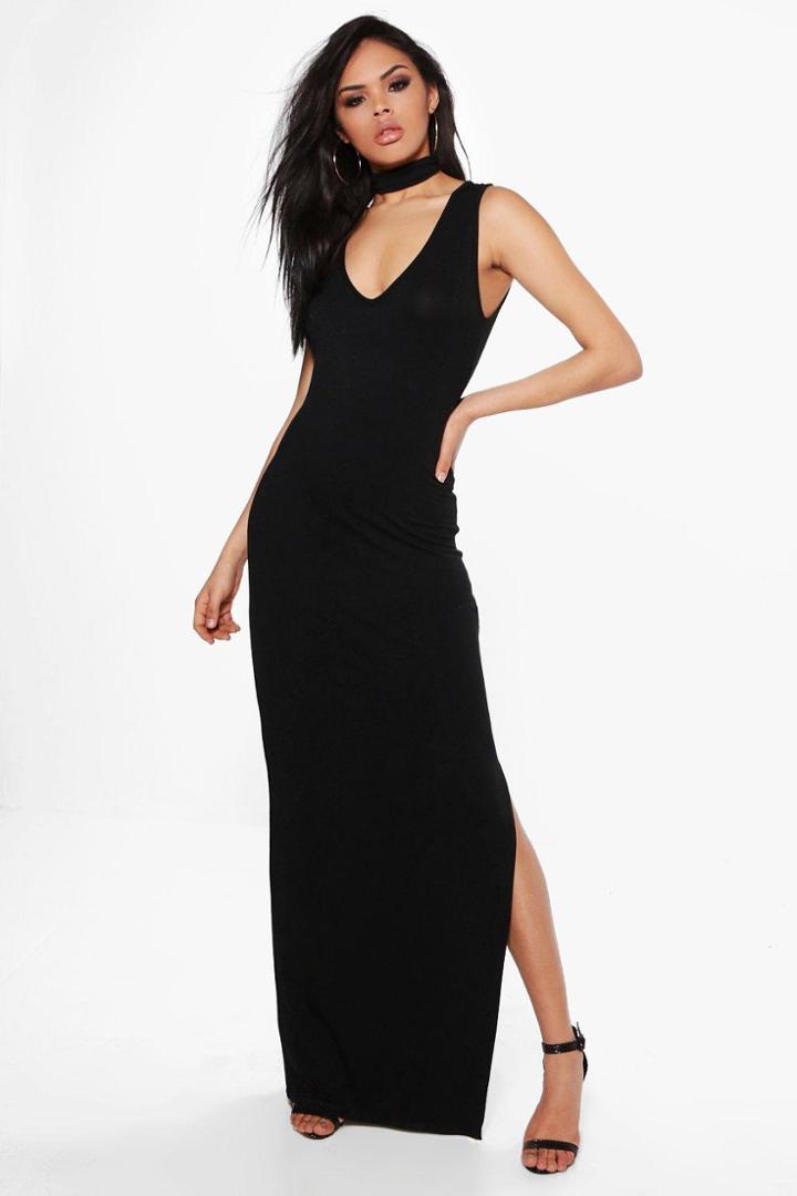 Boohoo Jane Choker Detail Side Split Maxi Dress Black