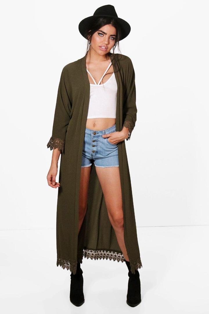 Boohoo Charlotte Crochet Trim Maxi Kimono Khaki