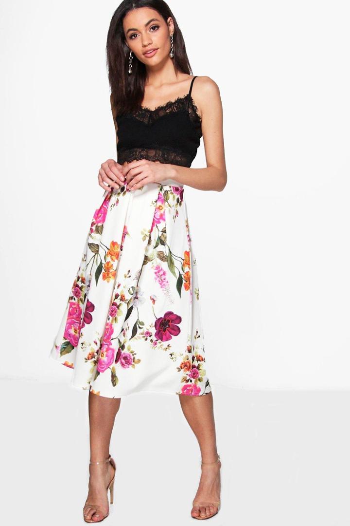 Boohoo Avah Floral Box Pleat Midi Skirt Ivory
