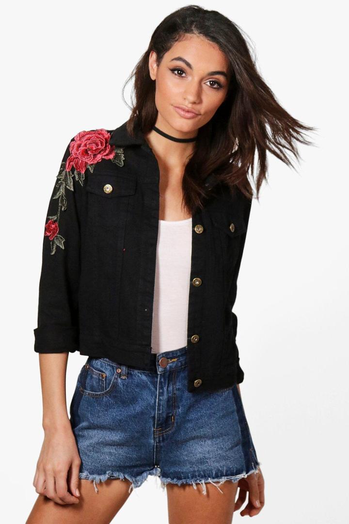 Boohoo Fiona Floral Applique Slim Fit Jean Jacket Black