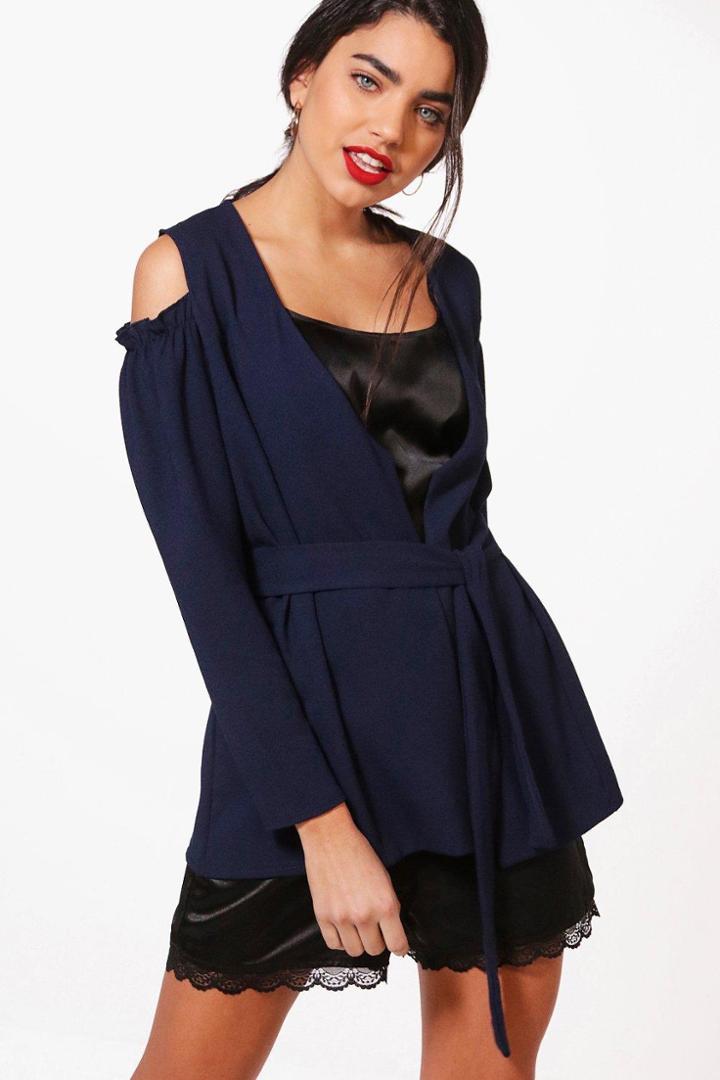 Boohoo Erin Frill Cold Shoulder Belted Blazer Navy