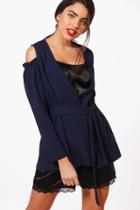 Boohoo Erin Frill Cold Shoulder Belted Blazer Navy