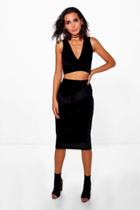 Boohoo Sara Velvet Plunge Crop And Midi Skirt Co-ord Black