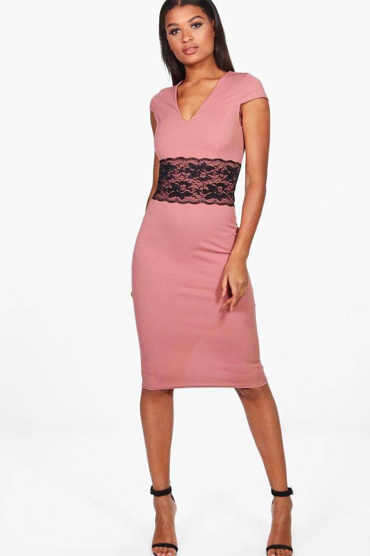 Boohoo Neva Lace Waist Cap Sleeve Midi Dress Rose