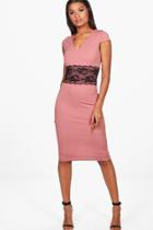 Boohoo Neva Lace Waist Cap Sleeve Midi Dress Rose
